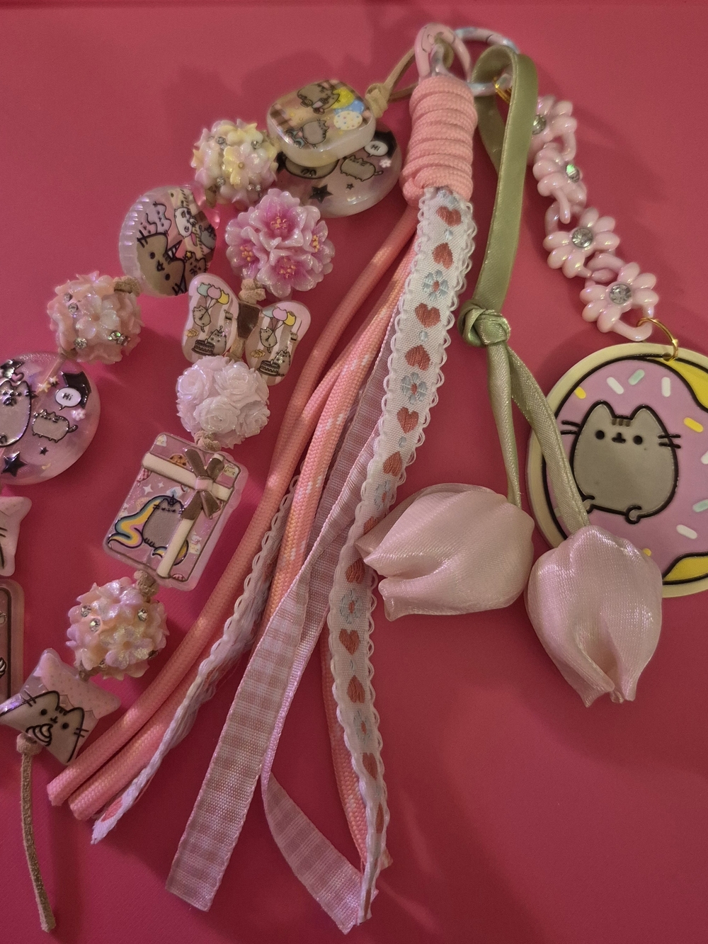 Pusheen Pink Floral Ribbon Charm Keychain with Tulip Accents